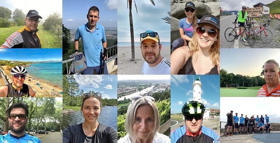 A collage of colleagues running and cycling